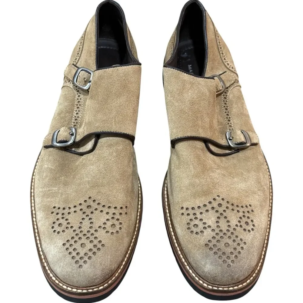 Martin Dingman Double Monk Strap Suede Shoes Mens 10 Tan Wingtip Vibram Lug Sole